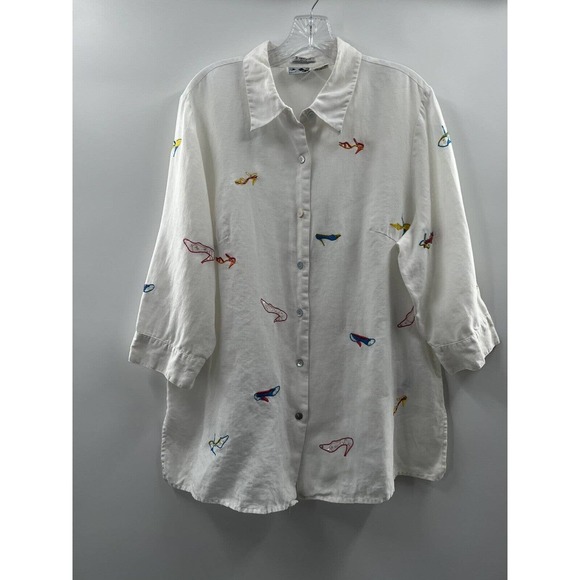 2 Friends Women’s Irish Linen 3/4 Sleeve Button-Up Lady's Shoe Embroidered 1X - Picture 1 of 9